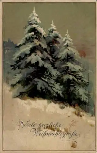 Ak Glückwunsch Weihnachten, Tannenbäume, Schnee