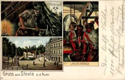 Passepartout Litho Steele Essen im Ruhrgebiet, Grendplatz, Industrie, Arbeiter, Glück auf, Bergmann