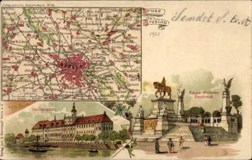 Litho Wrocław Breslau Schlesien, Universität, Kaiser Wilhelm Denkmal, Landkarte