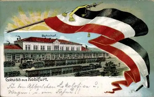 Litho Węgliniec Kohlfurt Schlesien, Bahnhof Gleisseite, Fahne