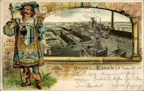 Präge Wappen Passepartout Litho Essen im Ruhrgebiet, Kohlenzeche Prosper II und III