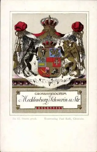 Wappen Litho Großherzogtum Mecklenburg Schwerin und Strelitz, Paul Kohl Chemnitz No. 12