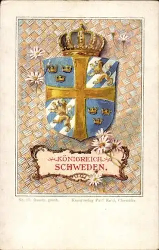 Wappen Litho Königreich Schweden, Margeriten, Krone, Paul Kohl Chemnitz No. 20