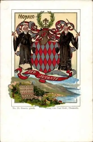 Wappen Litho Monte Carlo Monaco, Abtei, Mönche, Ritterhelm, Deo Juvante, Paul Kohl Chemnitz No.39