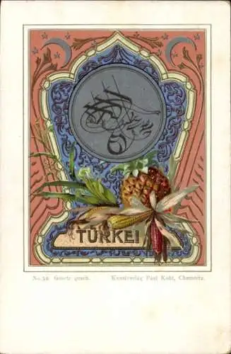 Wappen Litho Türkei, Signatur, Ananas, Paul Kohl Chemnitz No. 50