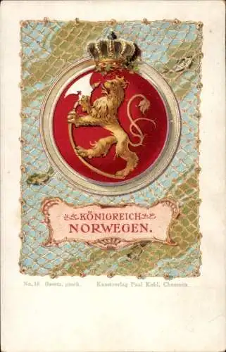 Wappen Litho Königreich Norwegen, Fischernetz, Paul Kohl Chemnitz No. 18