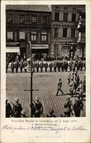 Ak Tschernjachowsk Insterburg Ostpreußen, Russ. Parade 1914, General Rennenkampf, Großfürst Nicolai