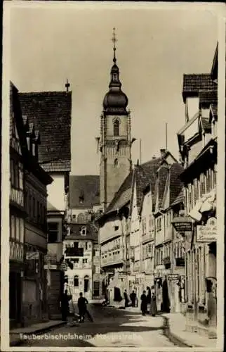 Ak Tauberbischofsheim in Baden, Hauptstraße, Geschäfte, Kirchturm