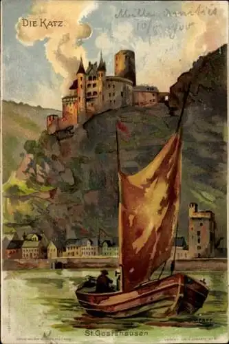 Künstler Litho Sankt Goarshausen am Rhein, Burg Katz