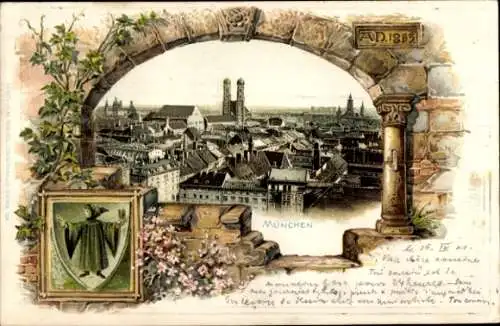 Präge Passepartout Litho München, Panorama, Frauenkirche, Wappen, Münchner Kindl