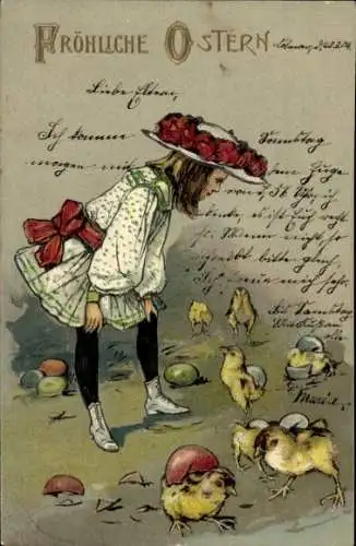 Präge Litho Glückwunsch Ostern, Küken, Mädchen, Ostereier