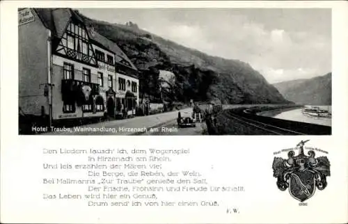 Ak Hirzenach Boppard am Rhein, Hotel Traube, Weinhandlung, Wappen