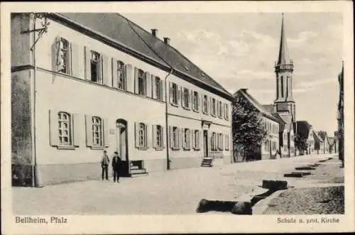 Ak Bellheim in der Pfalz, Schule und prot. Kirche