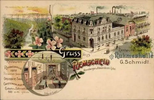 Litho Remscheid im Bergischen Land, Restauration Ruhmeshalle, G. Schmidt, Billardsaal, Riesenbrücke