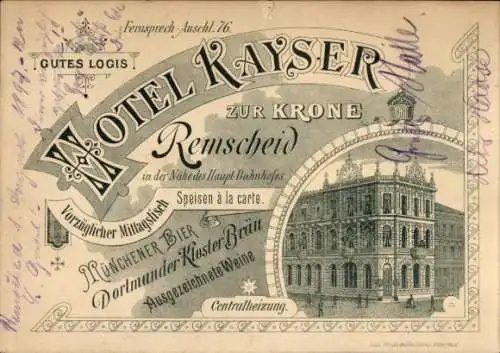 Litho Remscheid im Bergischen Land, Hotel Kayser zur Krone