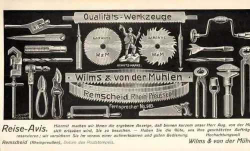 Ak Remscheid im Bergischen Land, Werbung, Fabrik, Qualitäts-Werkzeuge, Wilms & von der Mühlen