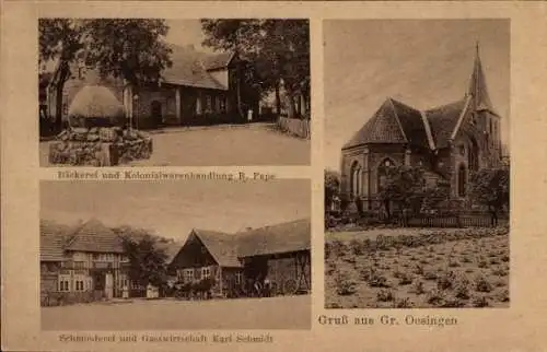 Ak Groß Oesingen in Niedersachsen, Kirche, Schmiederei und Gastwirtschaft Karl Schmidt