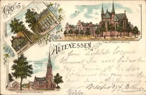 Litho Altenessen Essen im Ruhrgebiet, Kath. Kirche, Schule, Ev. Kirche, Vereinshaus, Rathausapotheke