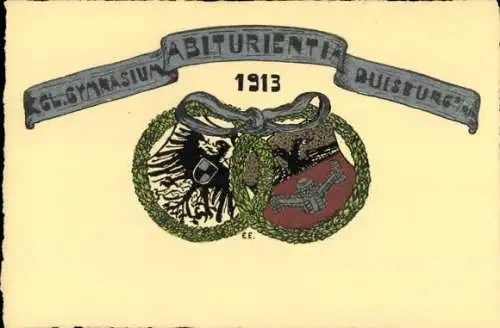 Studentika Wappen Ak Duisburg im Ruhrgebiet, Königliches Gymnasium, Abiturientia 1913