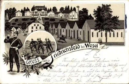 Litho Friedrichsfeld Voerde am Niederrhein, Kaserne, Baracken, Soldaten