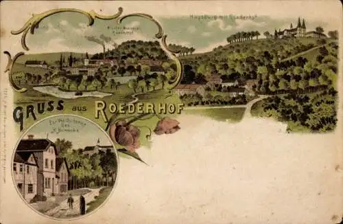 Litho Röderhof Huy im Harz, Gesamtansicht, Gasthaus zur Waldschenke