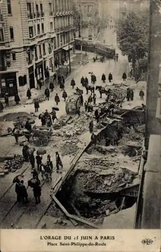 Ak Paris VIII, Der Sturm vom 15. Juni, Place Saint Philippe du Roule, Straßenbahn