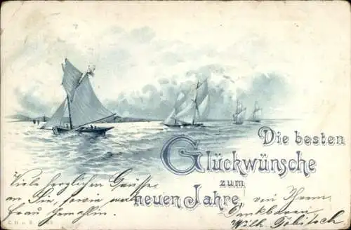 Litho Glückwunsch Neujahr, Segelpartie, Segelboote