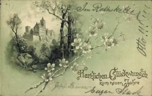 Litho Glückwunsch Neujahr, Schloss, Blüten