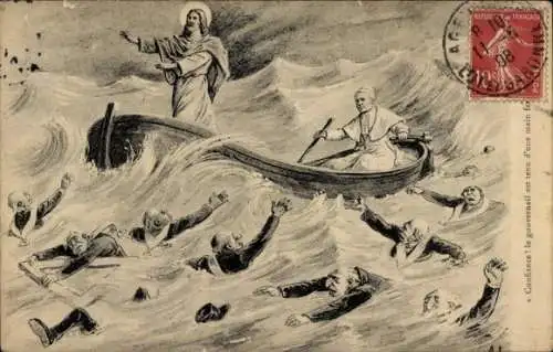 Ak Papst und Jesus im Ruderboot, Menschen im Wasser bitten um Hilfe