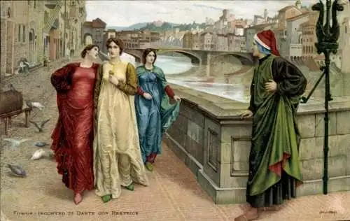 Künstler Ak Firenze, Dichter Dante Alighieri, Beatrice, Fluss, Brücke