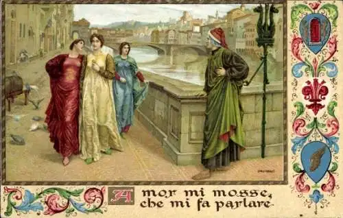 Künstler Ak Firenze, Dichter Dante Alighieri, Beatrice, Fluss, Brücke