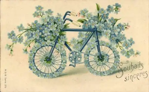 Präge Litho Fahrrad aus Vergissmeinnicht, Kitsch