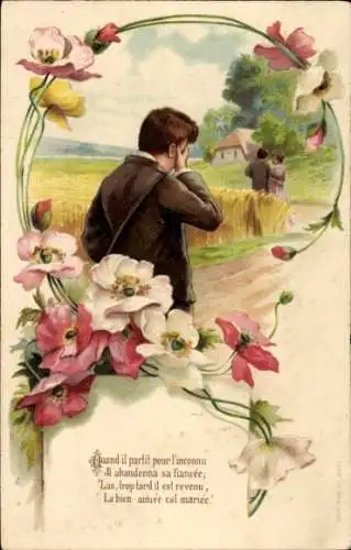 Präge Litho Trauriger Mann, Liebespaar, Getreide, Blumen