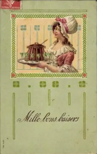 Ak Frau mit Punsch und Gläsern, Porträt, Kitsch