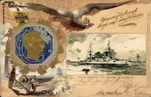 Präge Passepartout Litho Deutsches Kriegsschiff, SMS Kaiser Wilhelm II, Linienschiff, Adler, Fahne