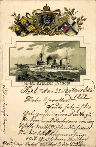 Präge Wappen Litho Deutsches Kriegsschiff, SMS Vineta, Kreuzer