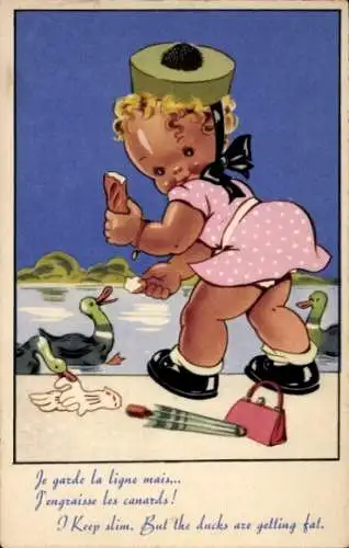 Künstler Ak Mädchen füttert Enten