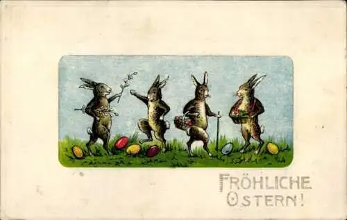 Präge Ak Glückwunsch Ostern, Osterhasen, Ostereier, Weidenkätzchen