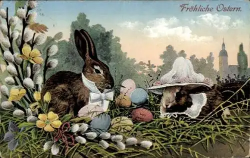 Ak Glückwunsch Ostern, Gekleidete Hasen, Weidenkätzchen, Ostereier