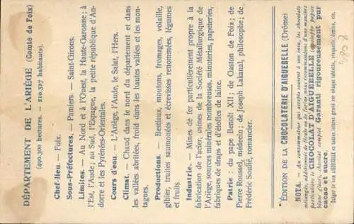 Landkarten Ak Foix Ariege, Edition de la Chocolaterie d'Aiguebelle, Schloss