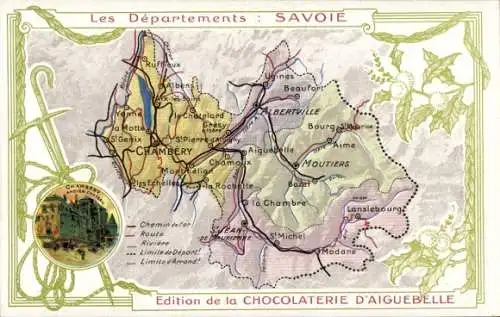 Landkarten Ak Moutiers Savoie, Edition de la Chocolaterie d'Aiguebelle, Schloss, Albertville
