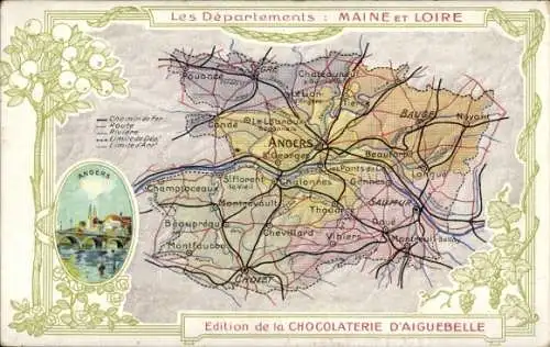 Landkarten Ak Maine et Loire, Edition de la Chocolaterie d'Aiguebelle, Angers, Saumur