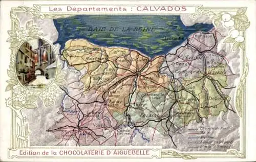 Landkarten Ak Calvados, Edition de la Chocolaterie d'Aiguebelle, Caen, Falaise, Straßenpartie