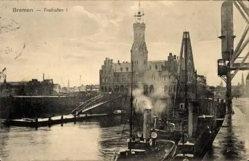 Ak Hansestadt Bremen, Freihafen I, Schiffe, Anleger