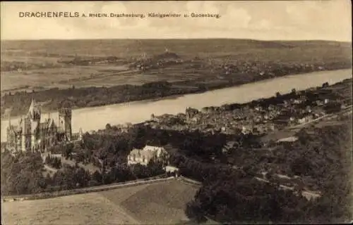 Ak Königswinter am Rhein, Panorama, Drachenfels, Drachenburg, Godesburg