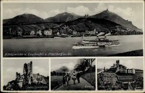 Ak Königswinter am Rhein, Ruine Drachenfels, Petersberg, Eselsritt, Plateau Drachenfels, Dampfer