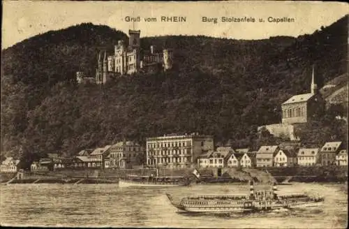 Ak Stolzenfels Koblenz am Rhein, Burg Stolzenfels, Capellen, Dampfer