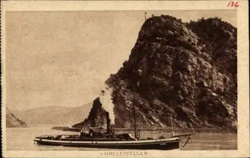 Ak Sankt Goarshausen am Rhein, Loreley, Loreleyfelsen, Dampfer