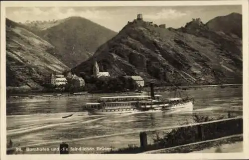 Ak Bornhofen am Rhein, Die feindlichen Brüder, Burg Sternberg, Liebenstein, Dampfer Hansa