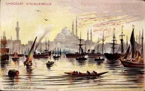 Ak Konstantinopel Istanbul Türkei, Schiffe im Hafen, Moschee, Chocolat d'Aiguebelle